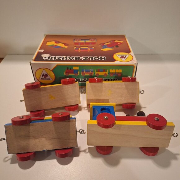 Complete Vintage Eichhorn Holz-Bauzug Wooden Train Set Age2+ Original Box Blocks - Picture 7 of 12
